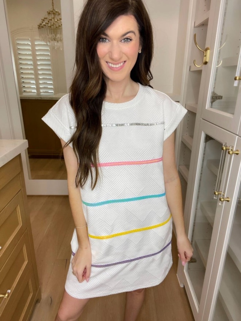 Entro White Textured Shift Dress with Pastel Sequin Stripe Accents - Picture 7 of 7